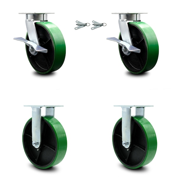 Service Caster 8 Inch Kingpinless Green Poly on Steel Caster Brake & Swivel Lock 2 Rigid, 2PK SCC-KP30S820-PUR-GB-SLB-BSL-2-R-2 - main